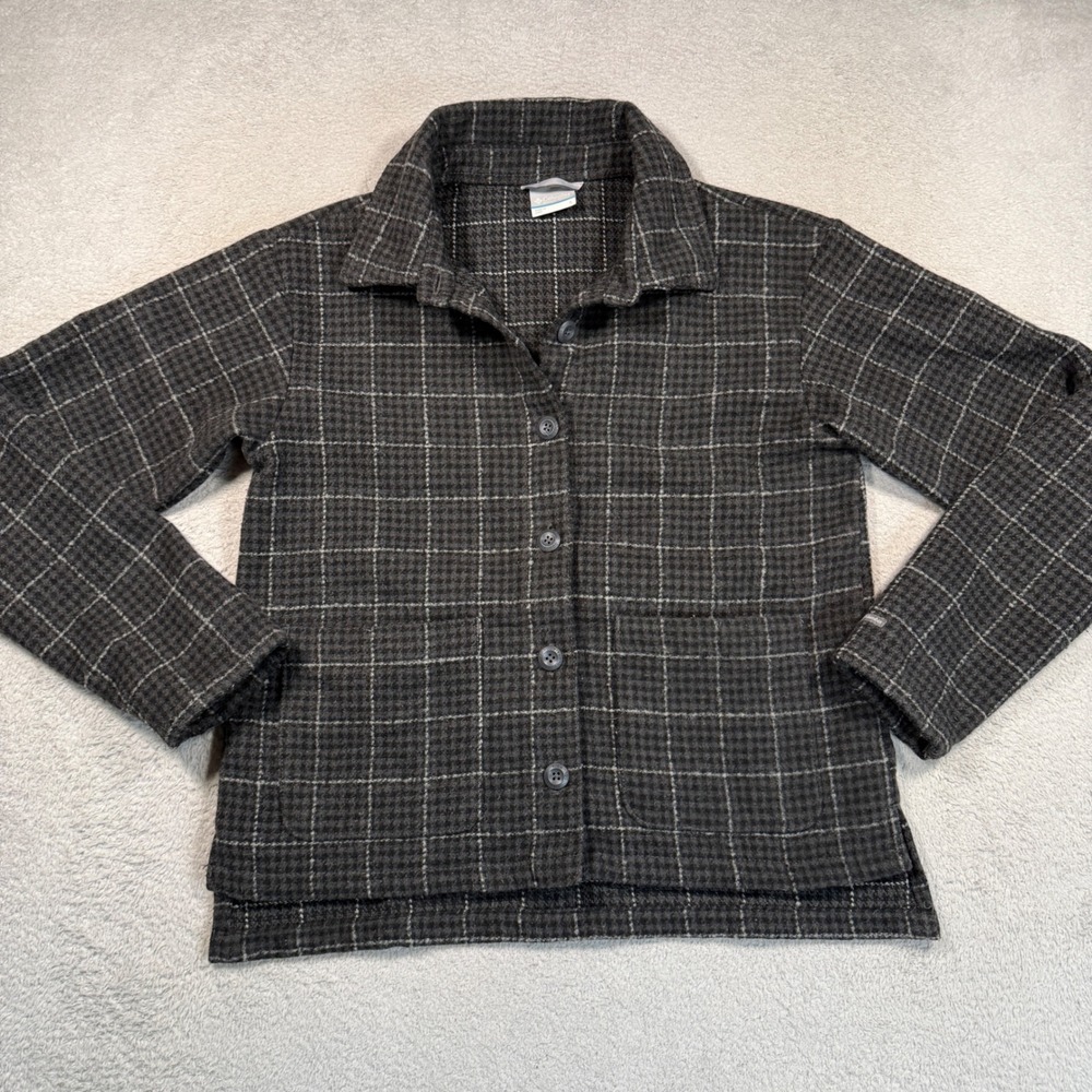 Columbia Shirt Jacket Womens S Grey Plaid Wool Blend Button Up Shacket Boxy fit